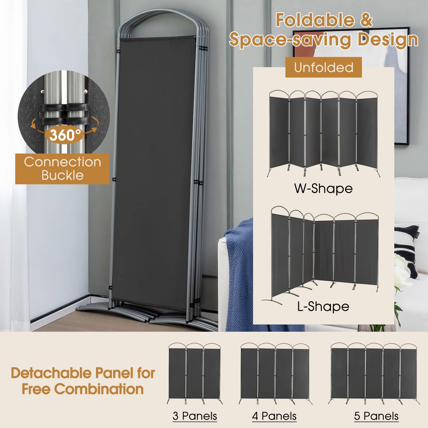 Giantex 6.2Ft Folding 6-Panel Room Divider Grey - 130" Wide Freestanding Foldable Fabric Privacy Screen, Lightweight Portable Partition Wall Divider and Separator for Home Office, Apartment, Studio