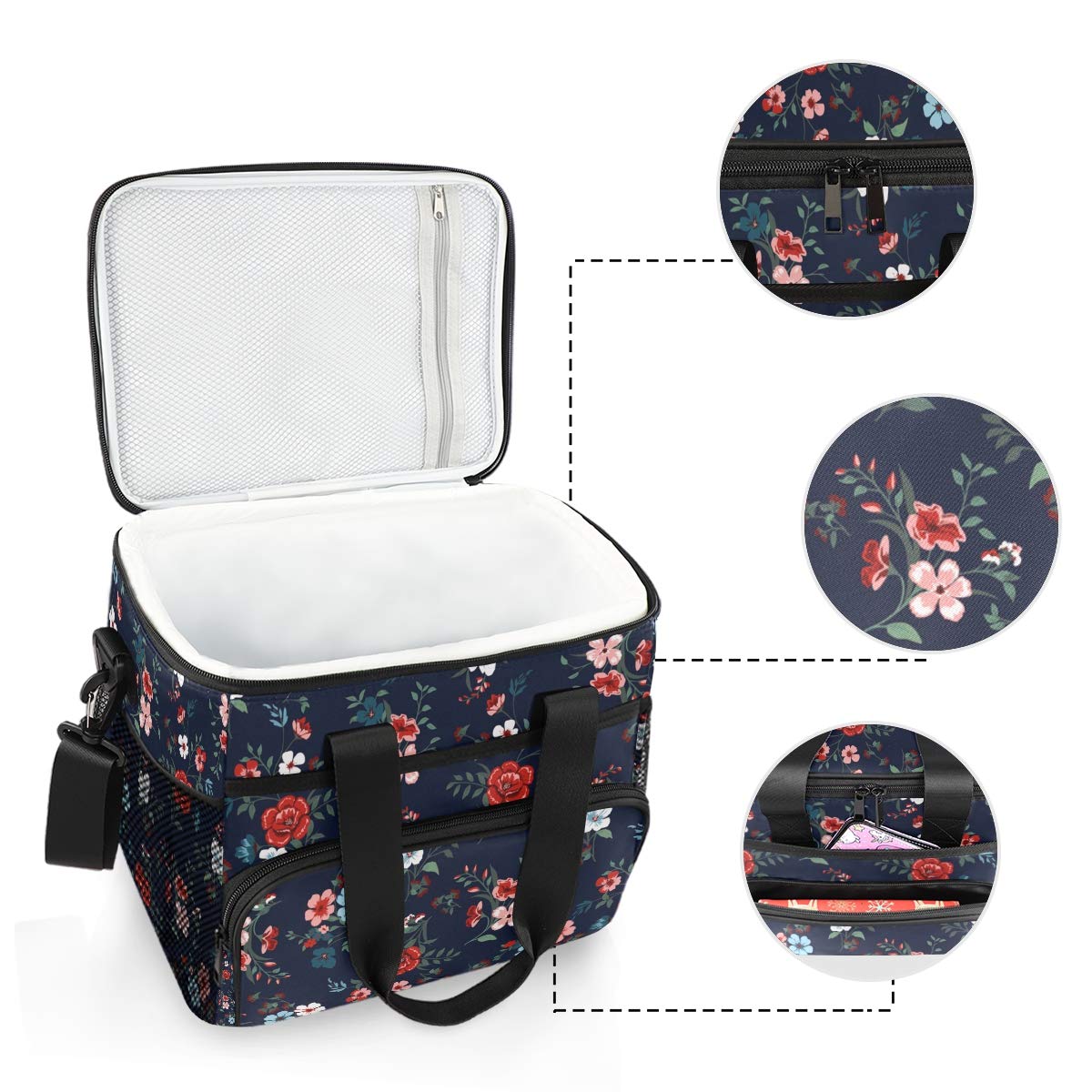 JUMBEAR 15L Leakproof Reusable Insulated Cooler Lunch Bag Office Work Picnic Hiking Beach Lunch Box Organizer with Adjustable Shoulder Strap, Rose Floral