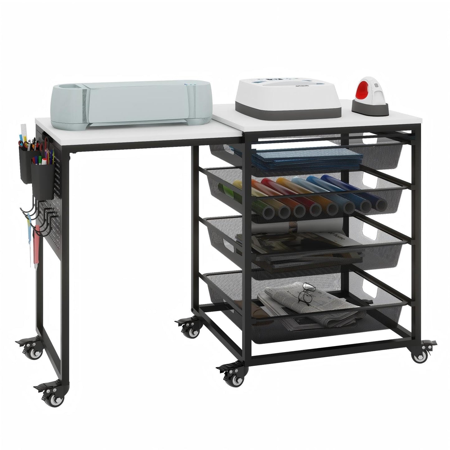 Rolling Craft Storage Cart with Wheels & Mesh Drawers, Extendable Craft Table with Pegboard Organizer, Muti-functional Work Table for Sewing, Arts and Crafts, Scrapbooking Storage,3D Printers (White)