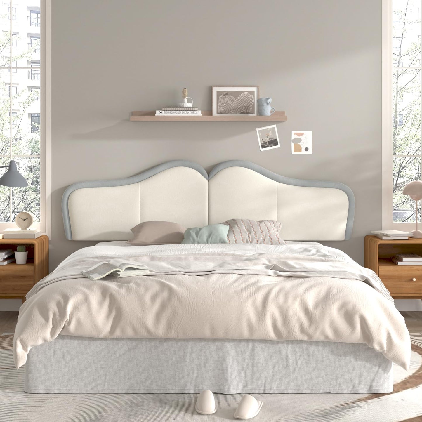 HouseMila King Headboard,Upholstered Headboards Bed Head Board Modern Wave Shaped Velvet Wall Mount Bed Headboard for Stylish Bedroom Decor(King,Beige+Light Blue)