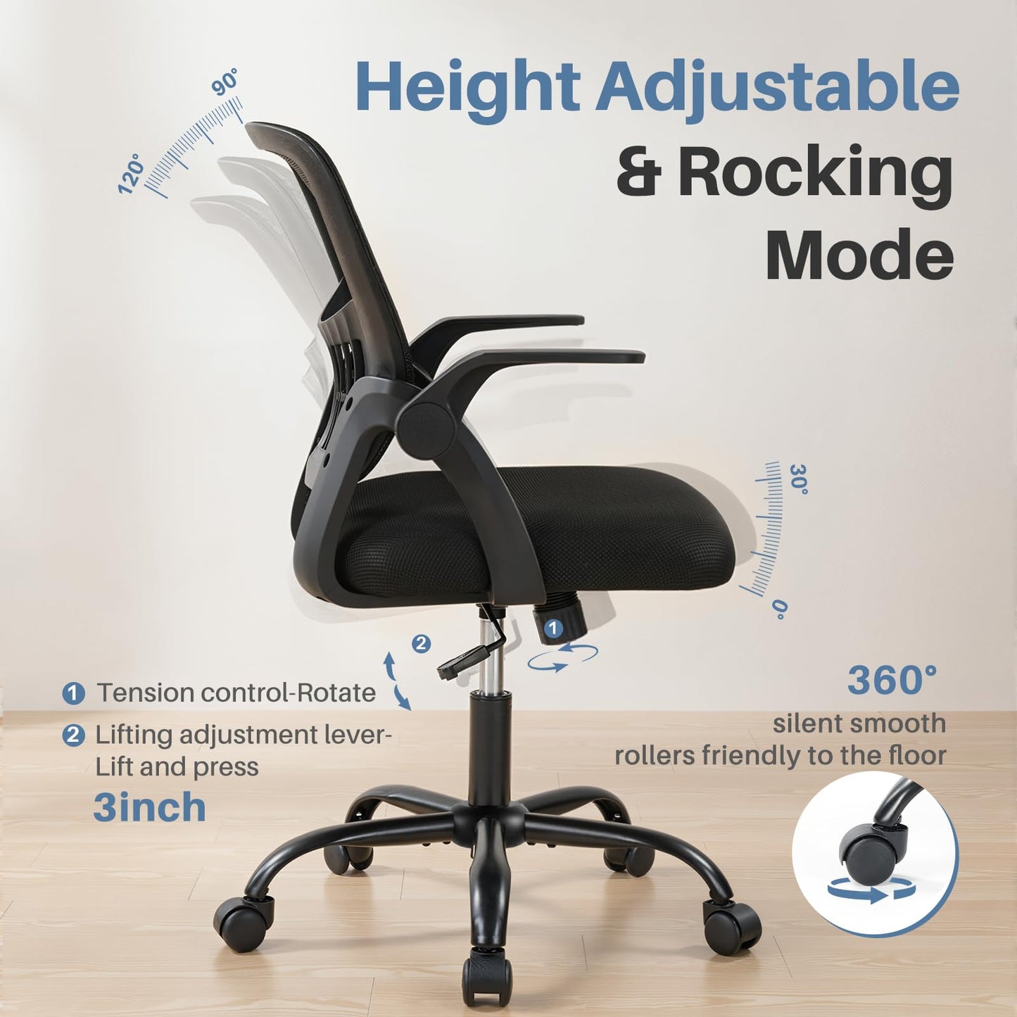 DUMOS Home Office Desk Chair - Ergonomic Computer Mesh Chair with Lumbar Support & Rocking Mode, Height Adjustable, Flip-up Armrest, for Conference, Meeting Room, 360° Swivel, Adults, Black