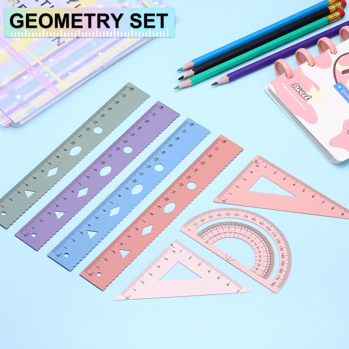 PATIKIL Geometry Set, 2 Pack 8 Inch Aluminum Ruler & 4 Triangles, Metal Protractor Ruler Math Drafting Measuring Tool for Home Office Math Drawing Engineering Art,Gradient Purple