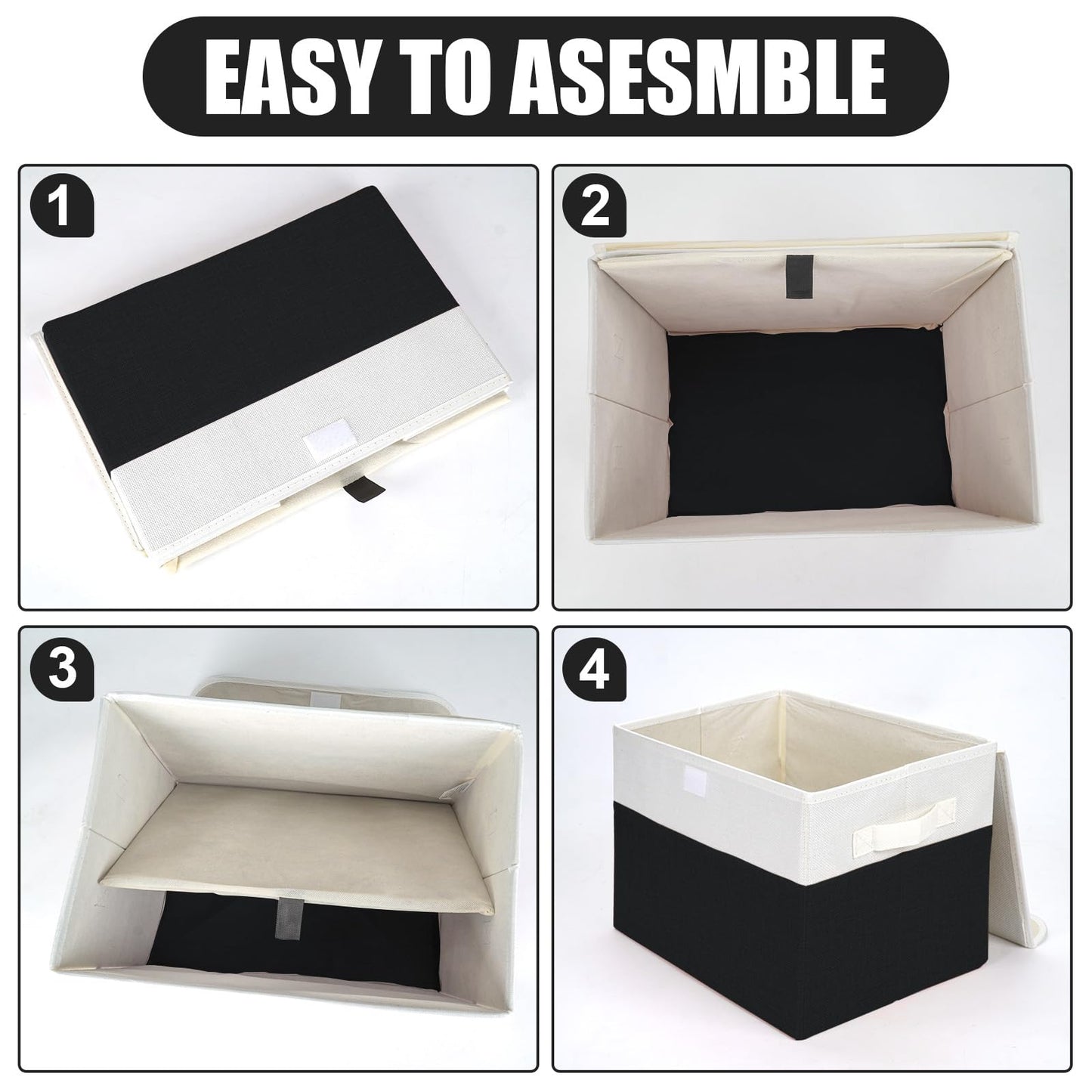 Bagnizer Large 22 Quart Linen Fabric Foldable Storage Bin Cube Organizer Basket with Flip-Top Lid & Handles, Clothes Blanket Box for Home, Office, Closet, Black & White, 4 Pack 14.6 x 9.5 x 9.5