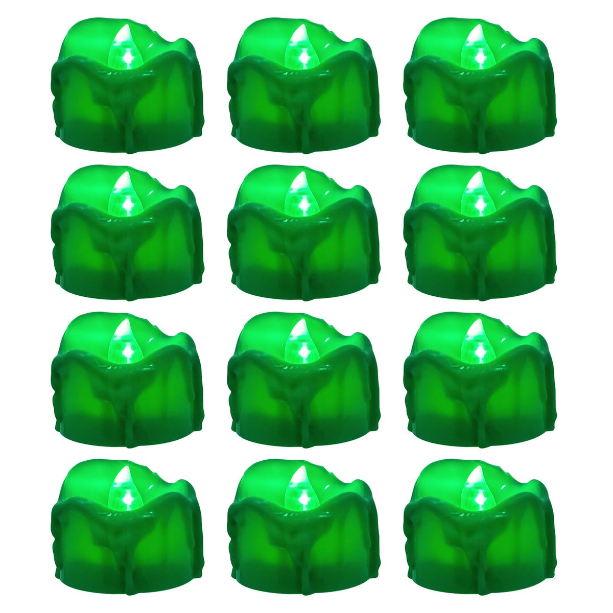 Windshell Green Flickering Flame Tealight Candles with Auto 6H Timer (No Remote), Battery Operated LED Flameless Tea Lights with Melting Design, for St Patrick Halloween Christmas, 12 Pack