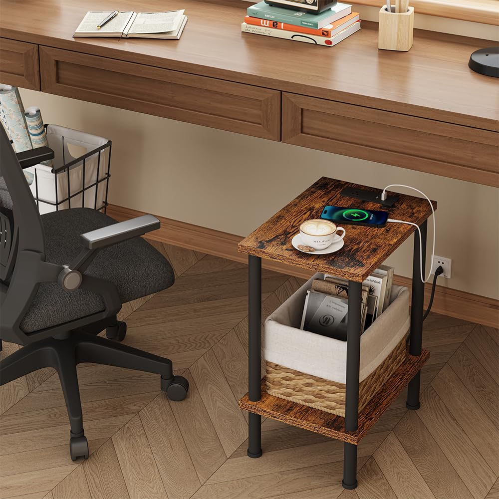 VIMBER Side Table with Charging Station, Set of 2 End Tables with USB Port and Outlets, Nightstands with 2-Tier Storage Shelves and Metal Legs, Sofa Table for Small Space, Living Room, Bedroom
