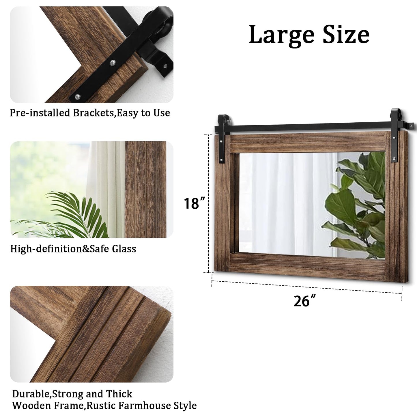 AAZZKANG Wood Mirror Rectangle Large Rustic Wall Mirror 18"x26" with Framed Bedroom Living Room Bathroom Hanging Mirror Horizontal