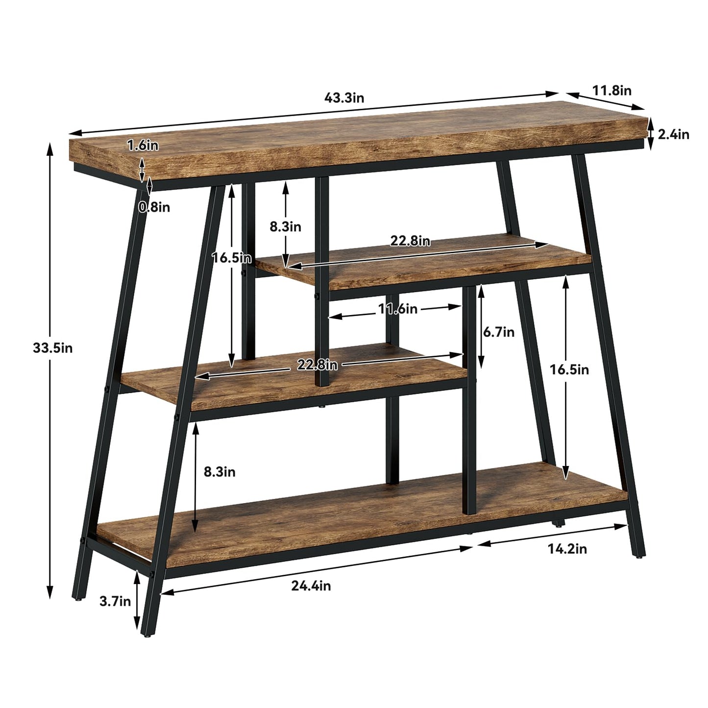 FJLHOHG 43.3" Console Table, Industrial 4-Tier Sofa Table Entryway Table with Arched Metal Frame, Storage Shelves, Narrow Wood Accent Tables with Small Spaces,Living Room,Hallway,Foyer, Rustic Brown