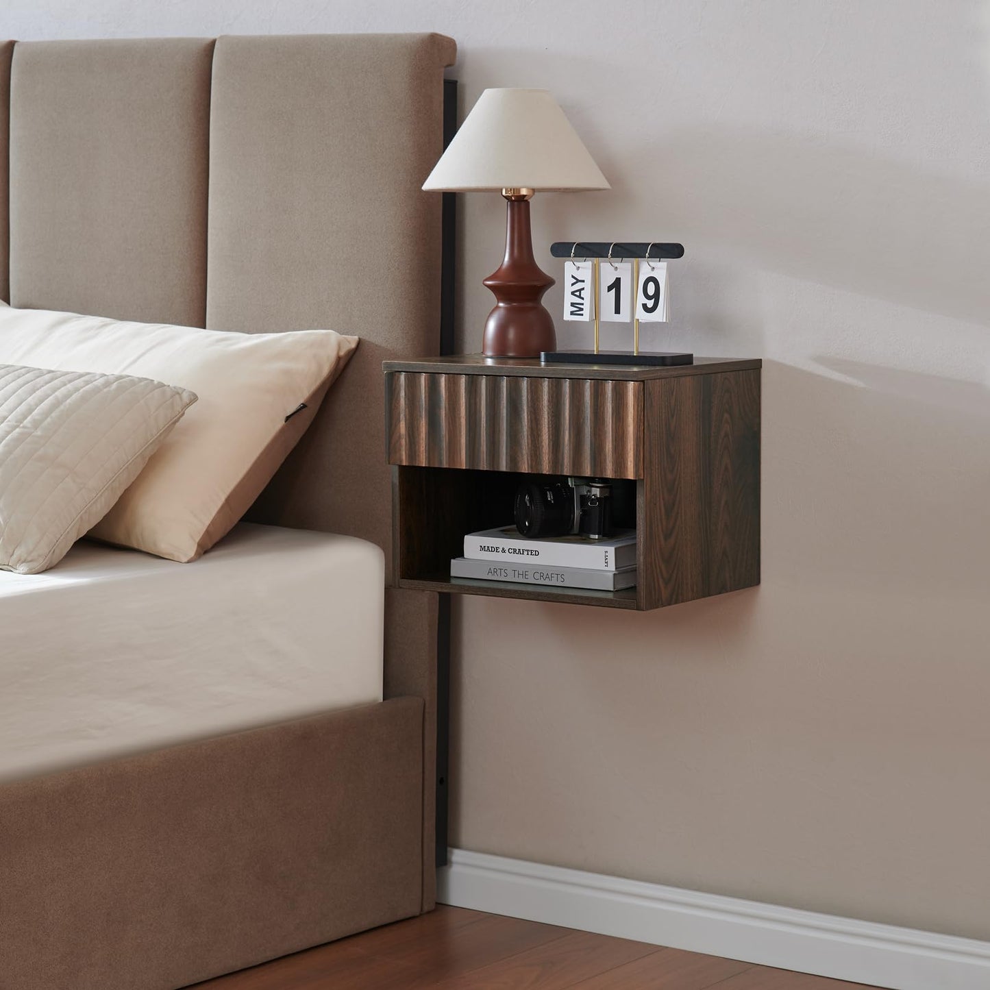 BuildHom Floating Nightstand with Fluted Drawer - Modern Wall Mounted Bedside Table with Open Storage Shelf, Small Night Stand for Bedroom(Walnut)