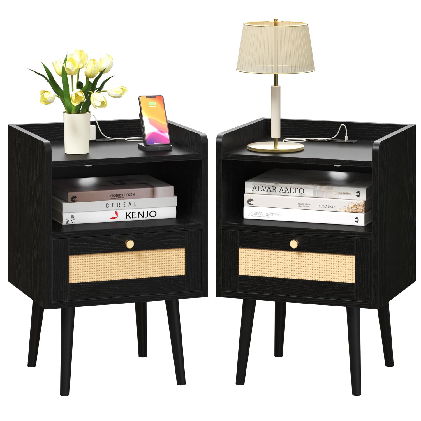 MECHYIN Night Stand Set 2, Nightstands Set of 2 with Charging Station, Rattan Side Tables with Solid Wood Legs, Boho Bedside End Table for Apartment Bedroom Dorm Small Space