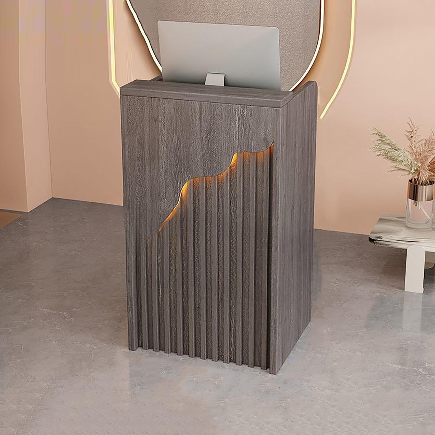 Reception Desk Counter Table - L-Shaped Cashier Front Desk, Wooden Design with Open Shelves & Drawers, Modern Retail Counter for Supermarkets, Convenience Stores & Hotels