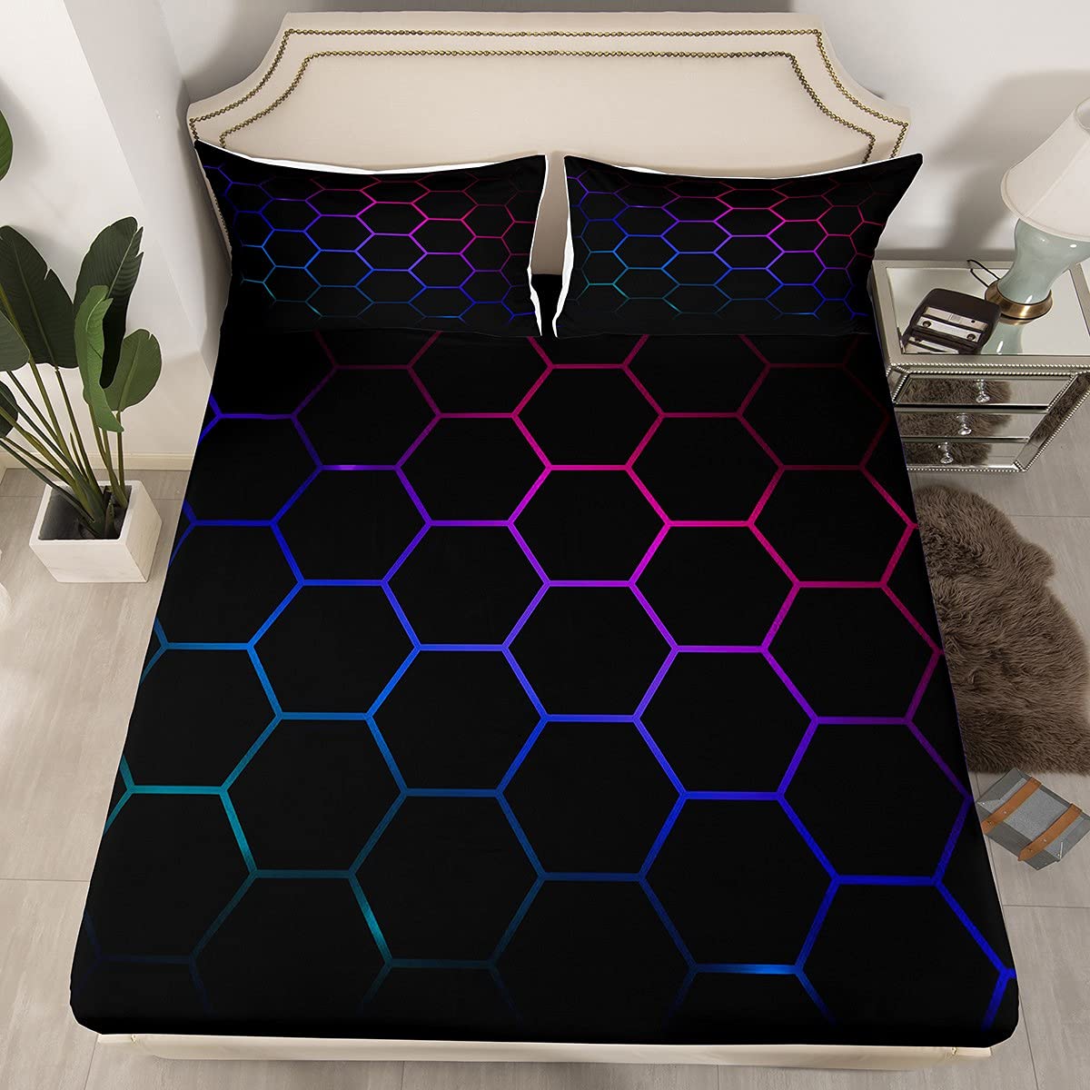 Hexagonal Bedding Sheets 3D Geometric Honeycomb Bed Sheet Set Kids Boys Girls Luxury Beehive Hexagon Bedding Fitted Sheet Neon Blue Purple Black Decor Bed Cover with 2 Pillowcases 3Pcs Bedding Queen