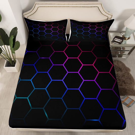 Hexagonal Bedding Sheets 3D Geometric Honeycomb Bed Sheet Set Kids Boys Girls Luxury Beehive Hexagon Bedding Fitted Sheet Neon Blue Purple Black Decor Bed Cover with 2 Pillowcases 3Pcs Bedding Queen
