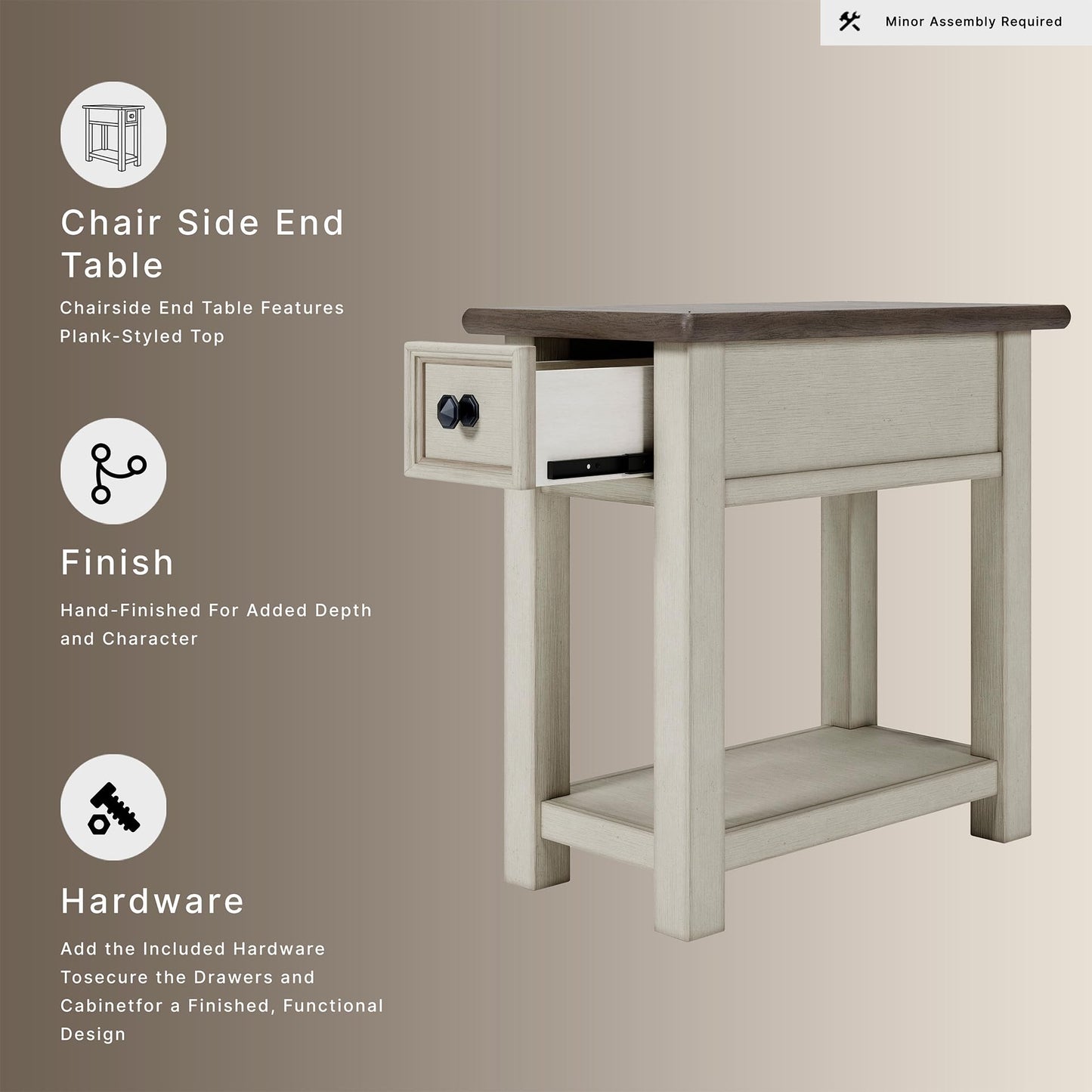 Signature Design by Ashley Bolanburg Chairside End Table With Charging Station, Two-Tone Wood Accent Table With Drawer Storage, Plank Top Design for Living Room or Bedroom, Antique White