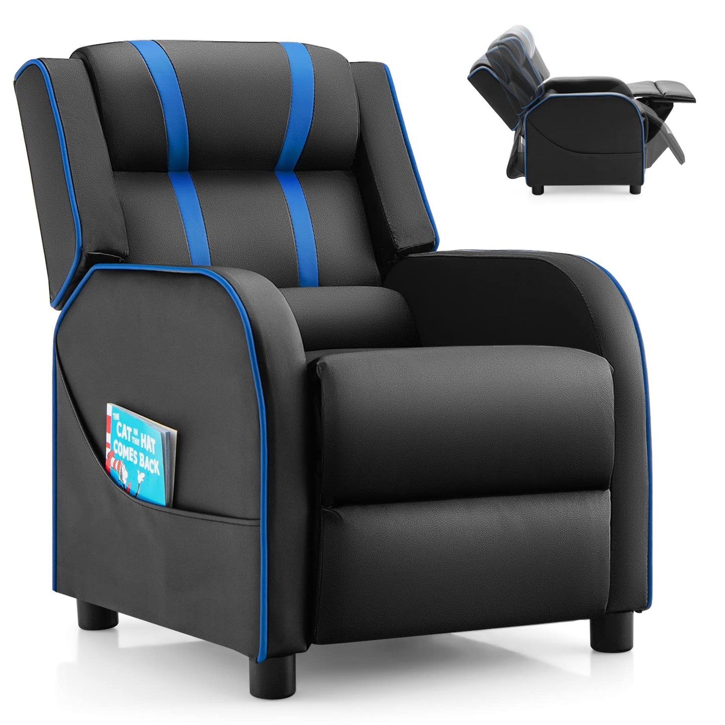 Costzon Kids Recliner, Gaming Recliner Chair w/Side Pockets, Footrest, Headrest & Lumbar Support for Kids Room & Play Room, Adjustable Racing Style Leather Sofa for Children Boys Girls (Blue, Black)
