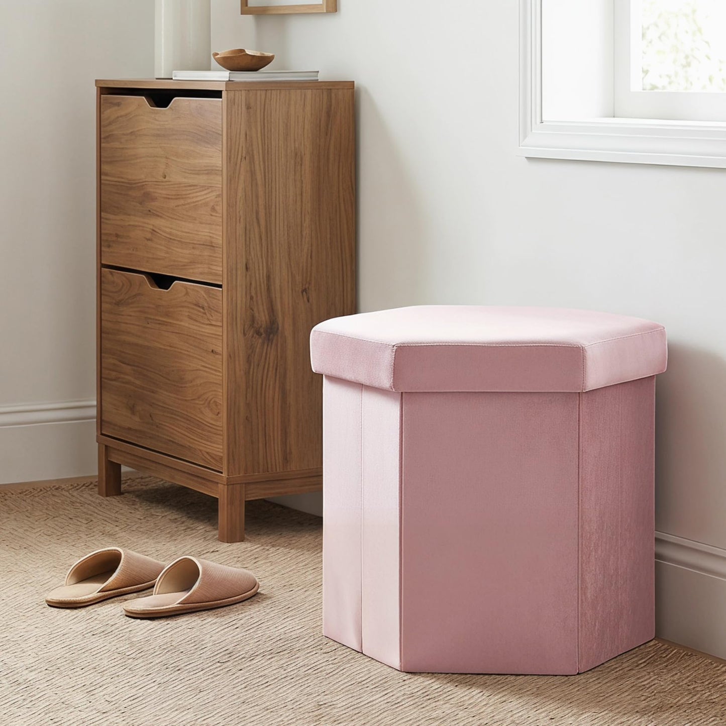 ZOLANOful Hexagon Storage Ottoman for Small Spaces, Velvet Accent Footstool with Hidden Storage, Foldable Ottoman Seat for Living Room, Bedroom, Dorm & Entryway, Blush Pink, 15 x 16.9 x 15 Inch