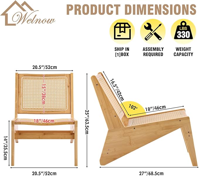 Welnow Mid Century Rattan Accent Chair, Bamboo Wood Lounge Chair