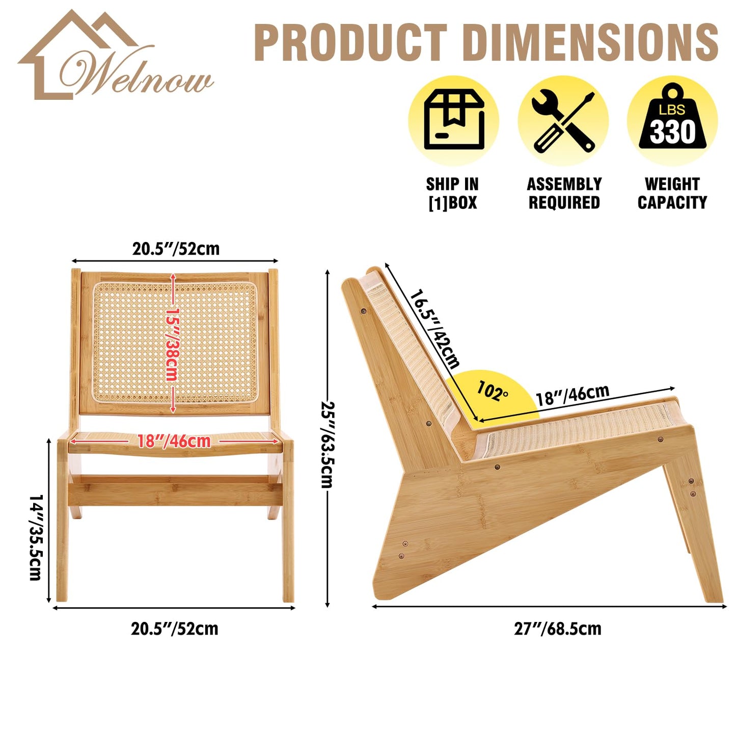 Welnow Mid Century Rattan Accent Chair, Bamboo Wood Lounge Chair with Woven Cane Backrest, Low Armchair for Living Room, Bedroom, Balcony or Reading Corner, Natural