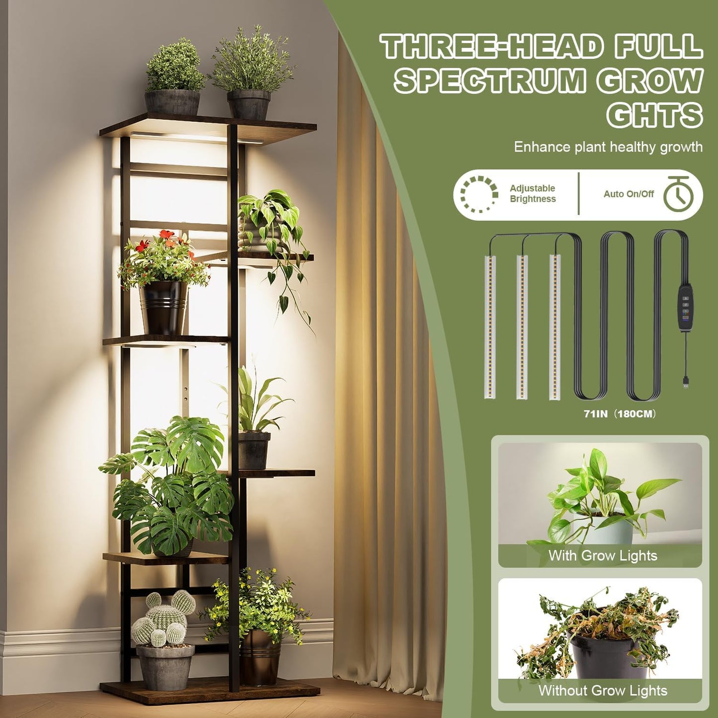 Forotone Plant Stand Indoor with Grow Lights, 6-Tiered Tall Plant Stand Metal Metal Corner Large Plant Shelf Display Rack Holder for Patio Living Room Balcony