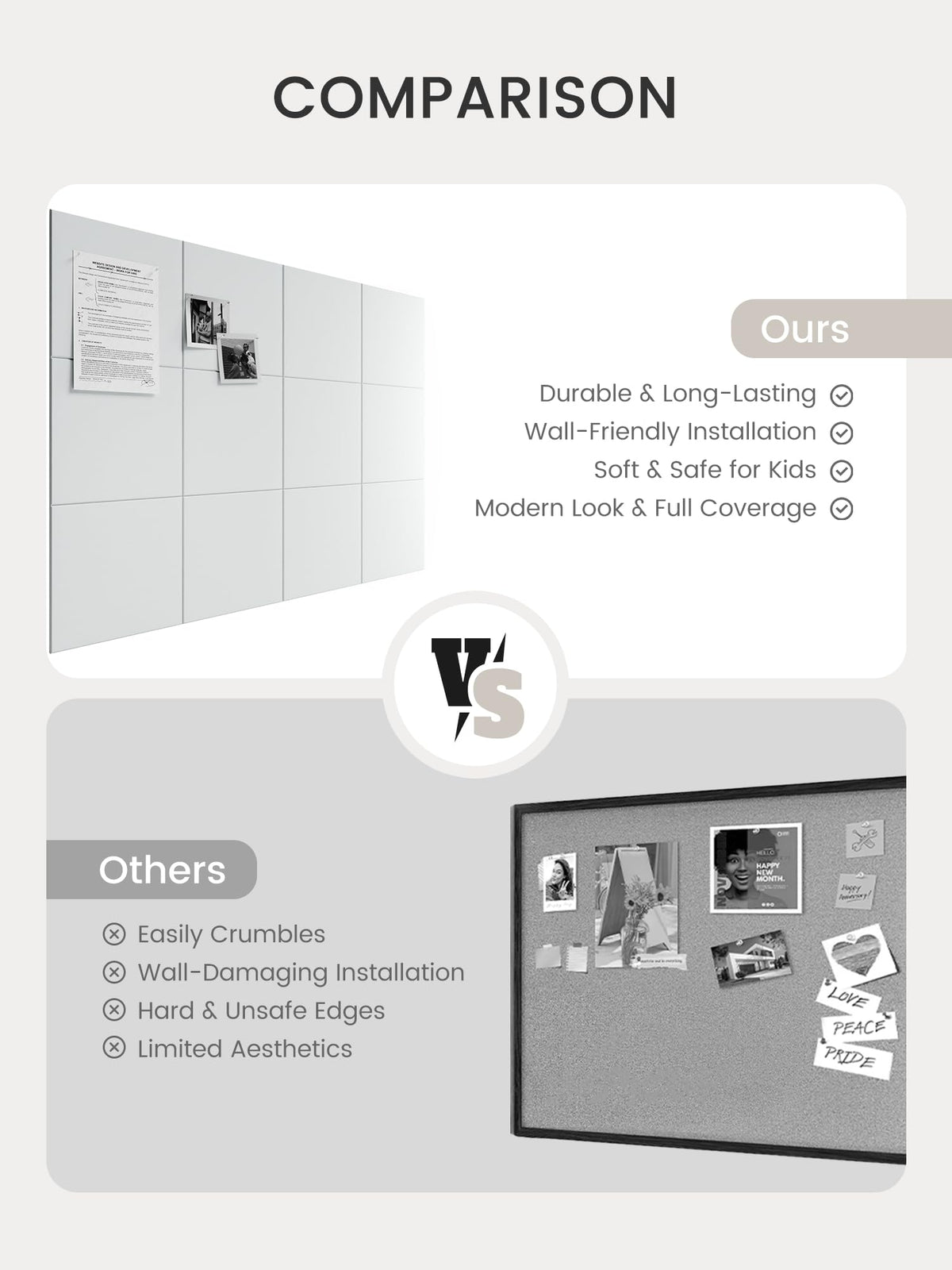 Bumusty Large Cork Board 48" x 36" Alternative - 12 Pack Felt Wall Tiles with 70 Safe Removable Adhesive Tabs, 30 Pushpins, Cork Boards for Walls Pin Board Bulletin Board Office Decor (Cold White)