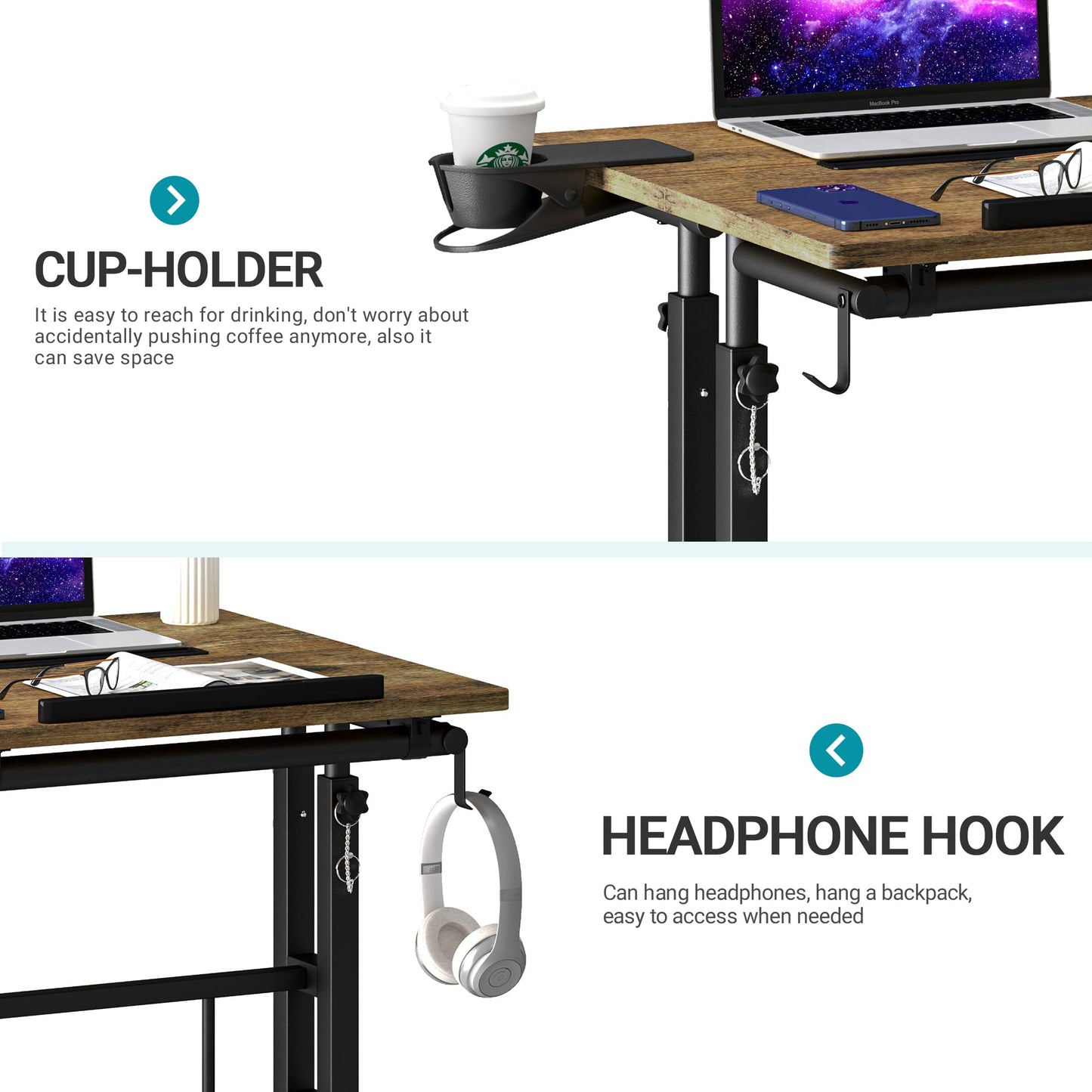 Klvied Small Standing Desk with Cup Holder, Height Adjustable Mobile Laptop Stand on Wheels, Ergonomic Rolling Computer Workstation for Home Office, Portable Overbed Table for Couch & Bed, Oak