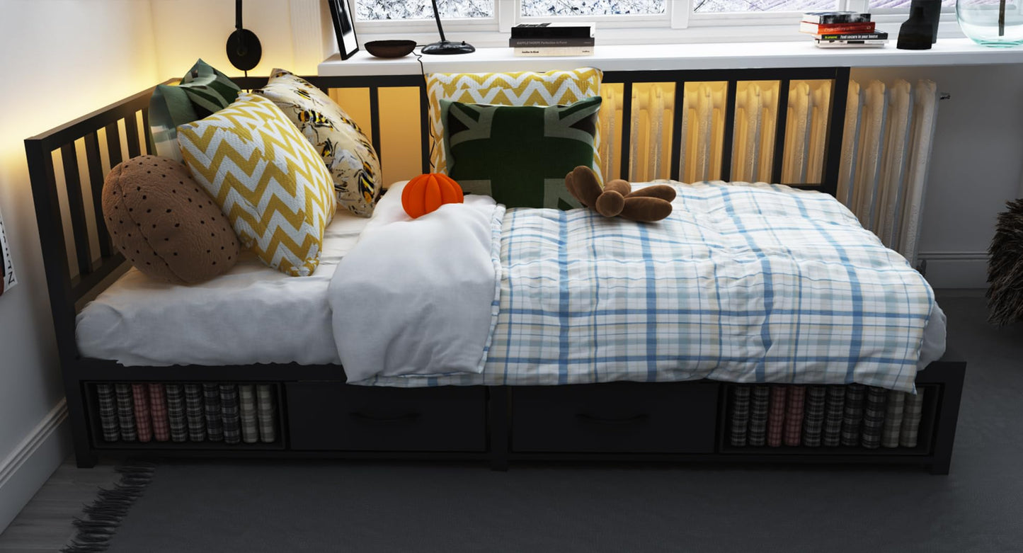 Modern Corner Storage Bed Frame (Twin, Black) - Convertible Sofa Bed with Pull-Out Cabinet, Bookshelf, Headboard Storage & Drawers, Built-in RGB Mood Lights for Small Spaces (No Box Spring Needed)