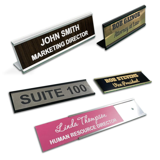VWAQ Custom Engraved Name Plate for Office Desk or Wall Personalized with Desk Holder or Wall Mount – Professional Office Name 2X8 Color and Fonts