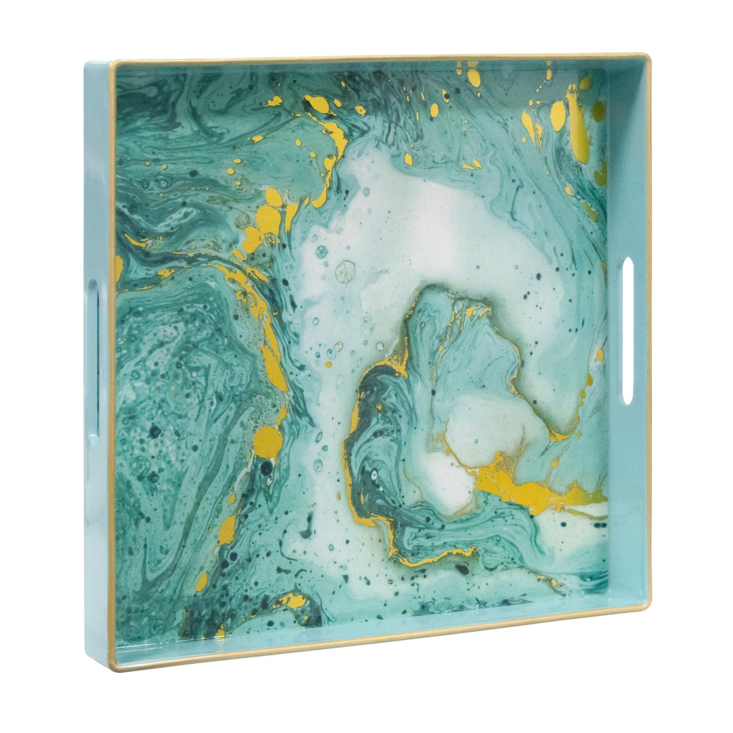 MAONAME Turquoise Square Decorative Tray for Coffee Table, Marbling Serving Tray with Handles, Modern 13" Plastic Trays for Ottoman, Bathroom, Storage
