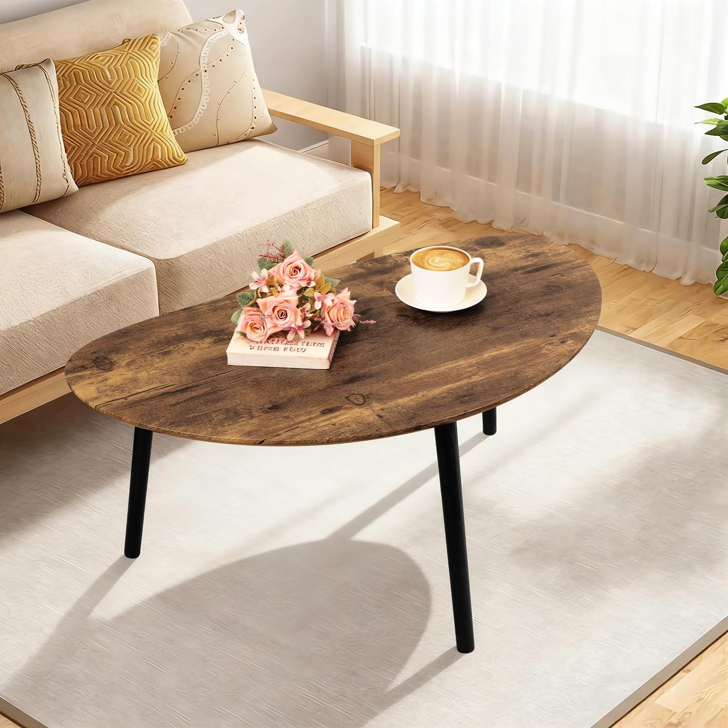 WDSHIYI Small Oval Coffee Table Espresso Wood Mid Century Modern Coffee Tables Unique Retro Farmhouse Accent Center Sofa Rustic Table for Living Room 34"x19"x16"