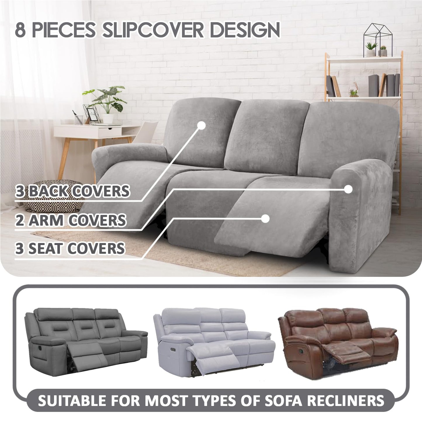 ULTICOR Velvet 8-Pieces Recliner Sofa Covers Stretch Reclining Couch Covers for 3 Cushion Reclining Sofa Slipcovers Furniture Covers Thick Soft Washable (3 Seater Recliner Cover, Light Grey)