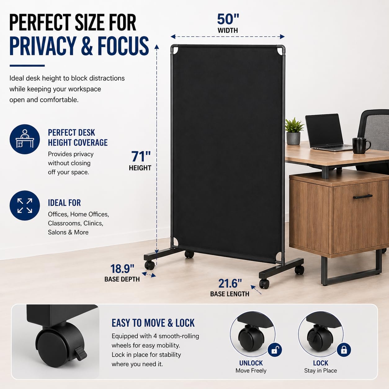 Rolling Room Divider with Wheels, Portable Privacy Screen Partition Wall, Freestanding Office Divider Panel, Non-See-Through Fabric, Locking Casters for Office Home Classroom Clinic, 50" W x 71" H
