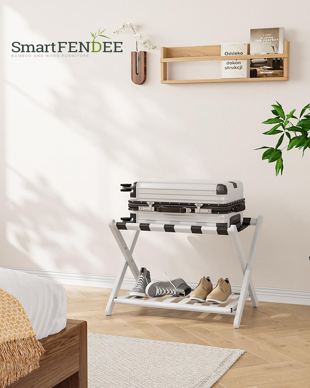 Smart FENDEE Fully Assembled White Bamboo Luggage Rack, 5 Straps Folding Suitcase Stand with Shoe Shelf, Heavy Duty Wood Large Luggage Holders for Guest Room, Bedroom, Hotel