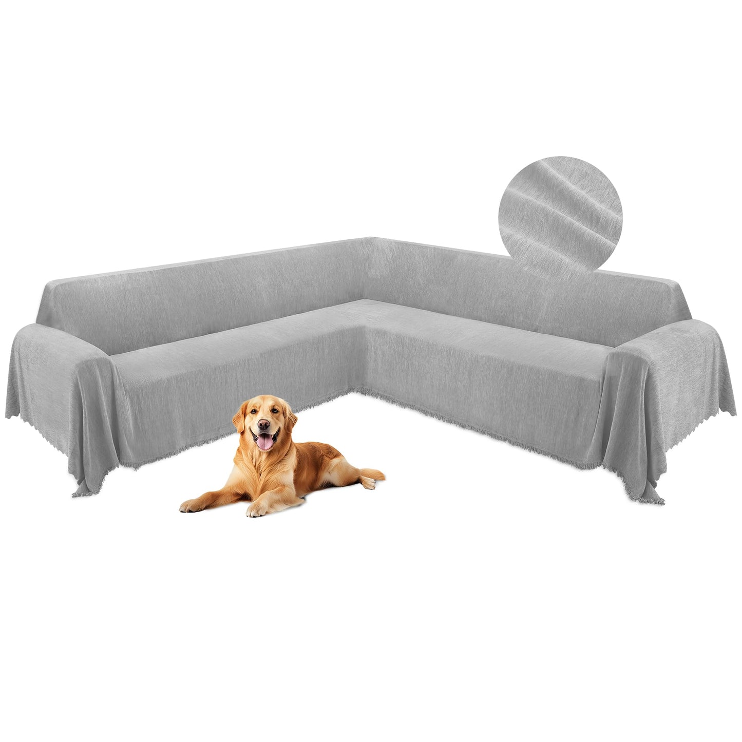 HDCAXKJ Corner Sectional Couch Covers for Dogs L Shape Sofa Cover with Tassel Chenille Super Soft Non Slip U Shaped Couch Cover Blanket Washable Sectional Slipcover Protector (Ash Gray, 71x276 inch)