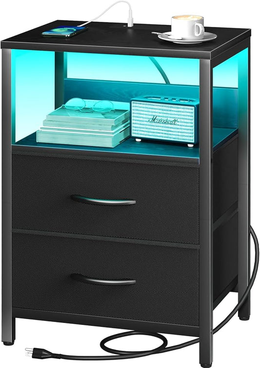 Yoobure Nightstand with Charging Station, LED Night Stand with Fabric Drawers