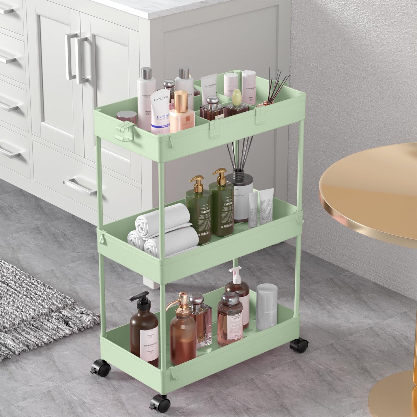 SPACELEAD 3 Tier Rolling Cart with Wheels, Storage Craft Art Trolley Organizer Serving, 3 Hanging Baskets Easy Assembly, for Office, Living Room, Kitchen, Green