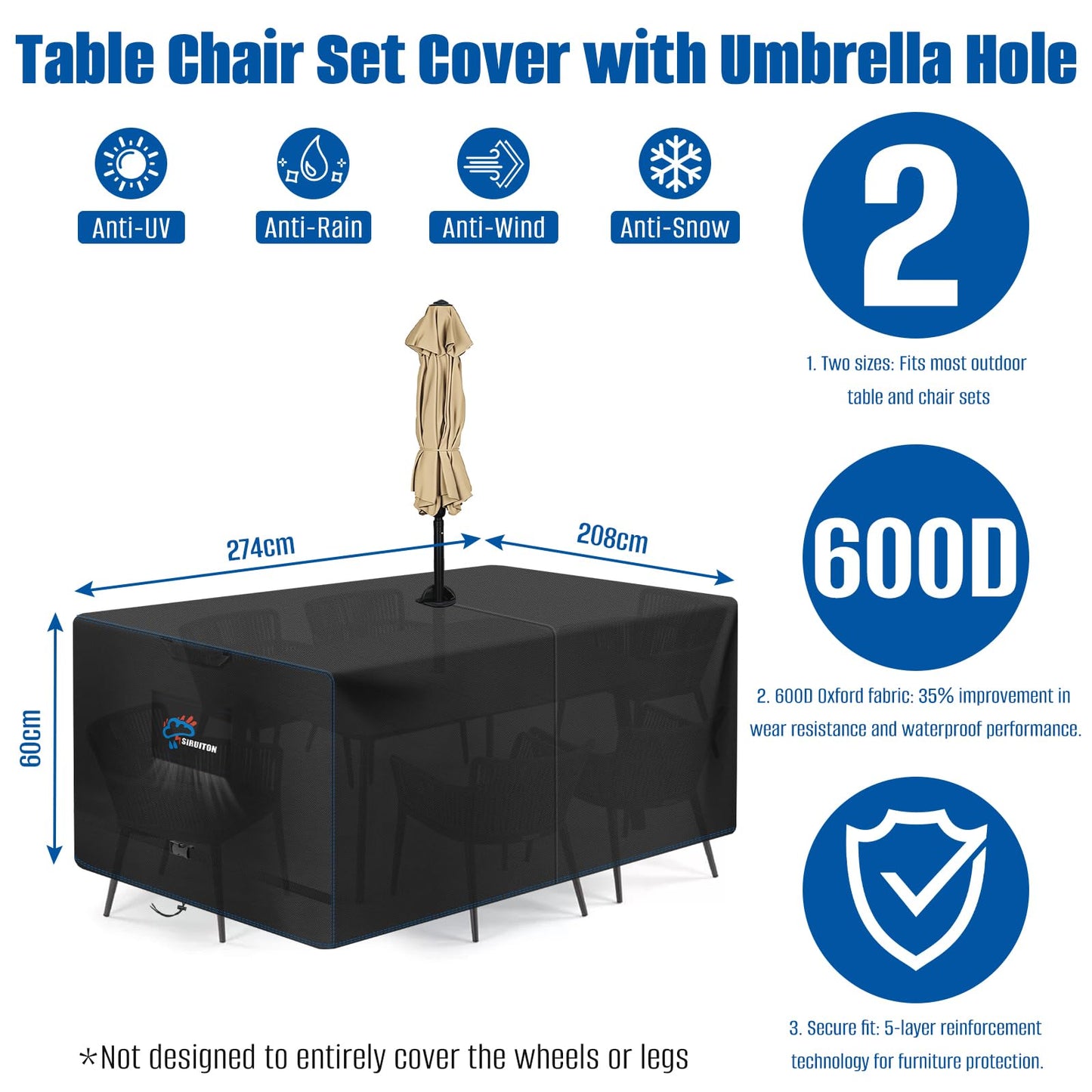 SIRUITON Rectangle Patio Table Cover with Umbrella Hole 108" L X 82" W X 23.6" H (COVER SIZE，NOT TABLE SIZE) Heavy Duty 600D Oxford Fabric Outdoor Waterproof Lawn Patio Furniture Covers