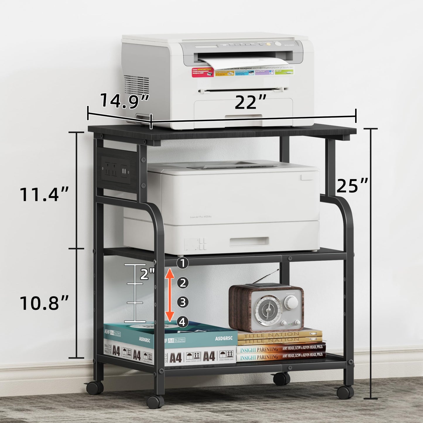 YAOHUOO 3 Tier Large Printer Stand with Power Outlet/Adjustable Storage Shelf, Rolling Cart with Wheels, Printer Table for Home Office 3D Printer/Heat Press/Laser, 22"×15" Black