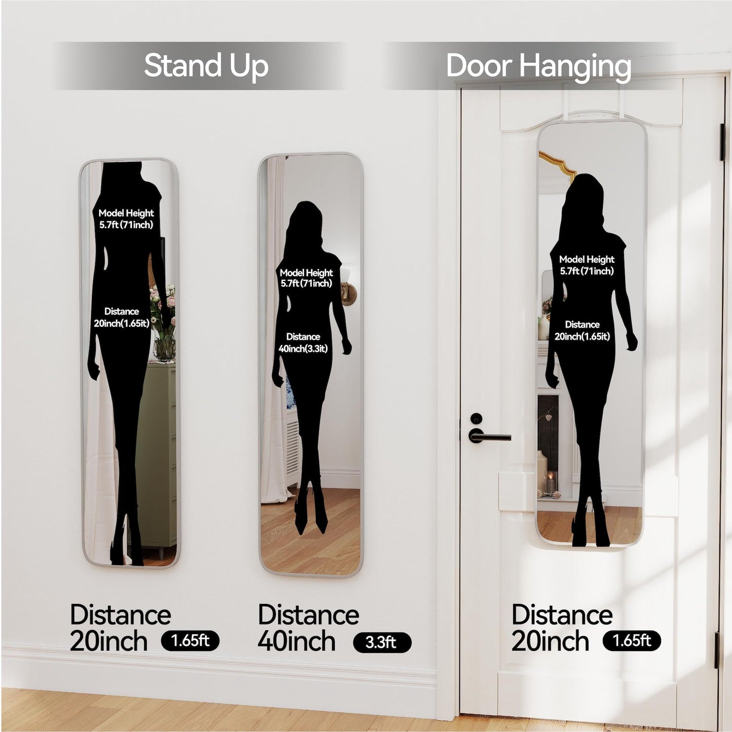 SCWF-GZ 47x14 Mirror Full Body Length Door Hanging/Rope Hang/Wall Mounted Metal Frame Rectangle Mirrors for Bedroom Bathroom Dressing Living Room 47 inch Silver