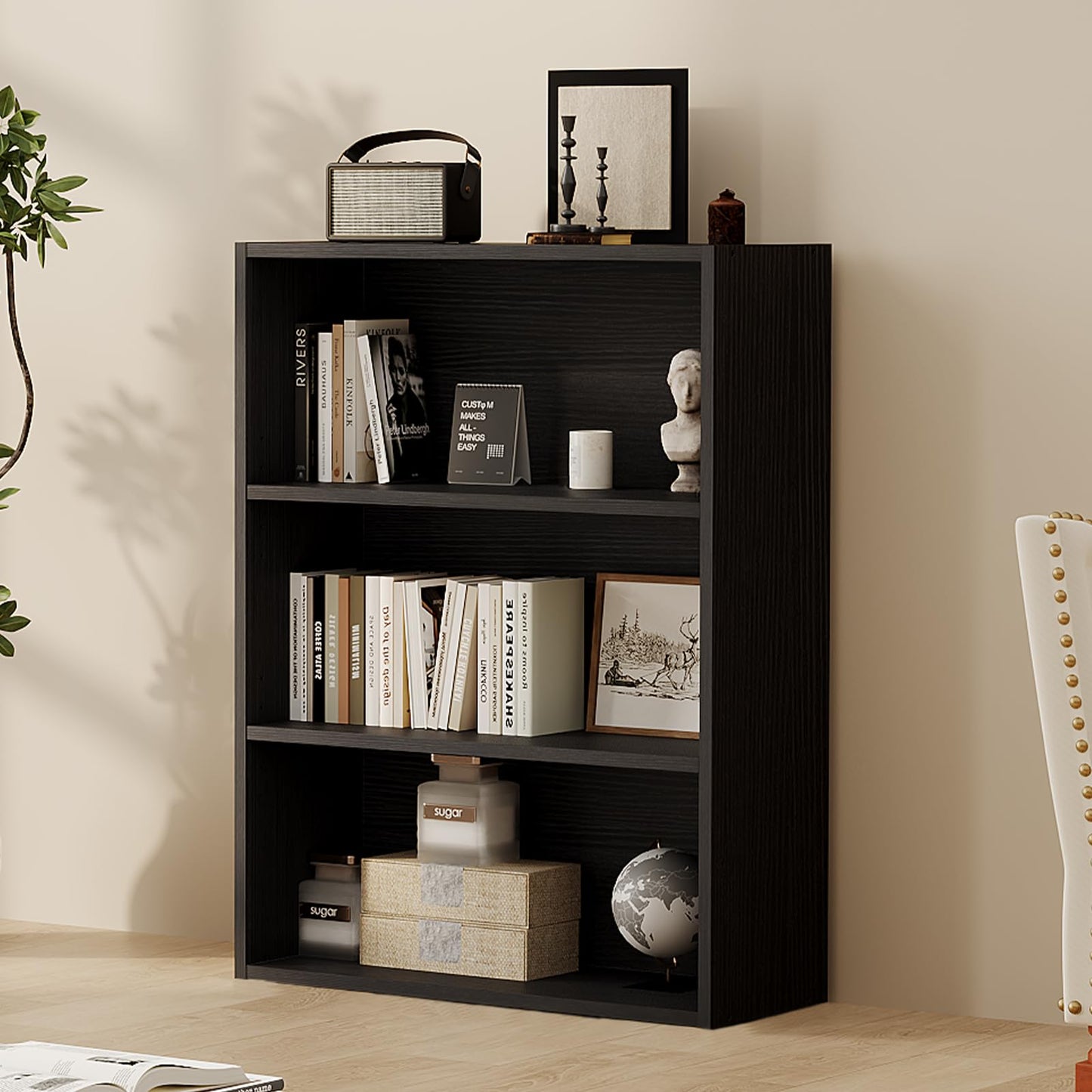 Sweetcrispy Industrial 3 Shelf Bookcase - Large 31.5 Inch Tall Floor Standing Open Bookshelf for Home Office, Living Room, and Bedroom Storage, Classic Black