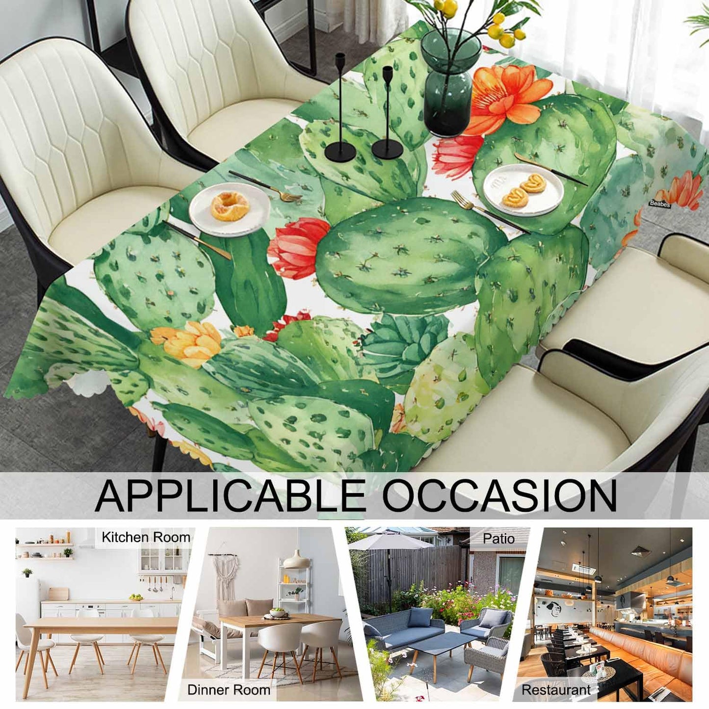 Beabes Cactus Green Rectangular Tablecloth 70" x 52" for Indoor & Outdoor Use, Polyester, Wrinkle Resistant, Fits Tables Seating 4-6
