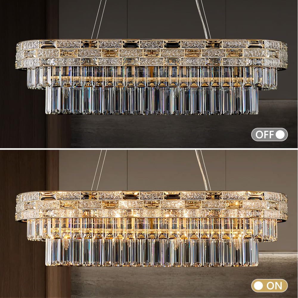 HUANXISHA 34.3" L Modern Crystal Chandeliers for Dining Room 12 Lights Gold Chandelier Large Luxury Chandelier Pendant Light Fixture, Kitchen Island,Entryway,Living Room 34.3" L x 8.7" H