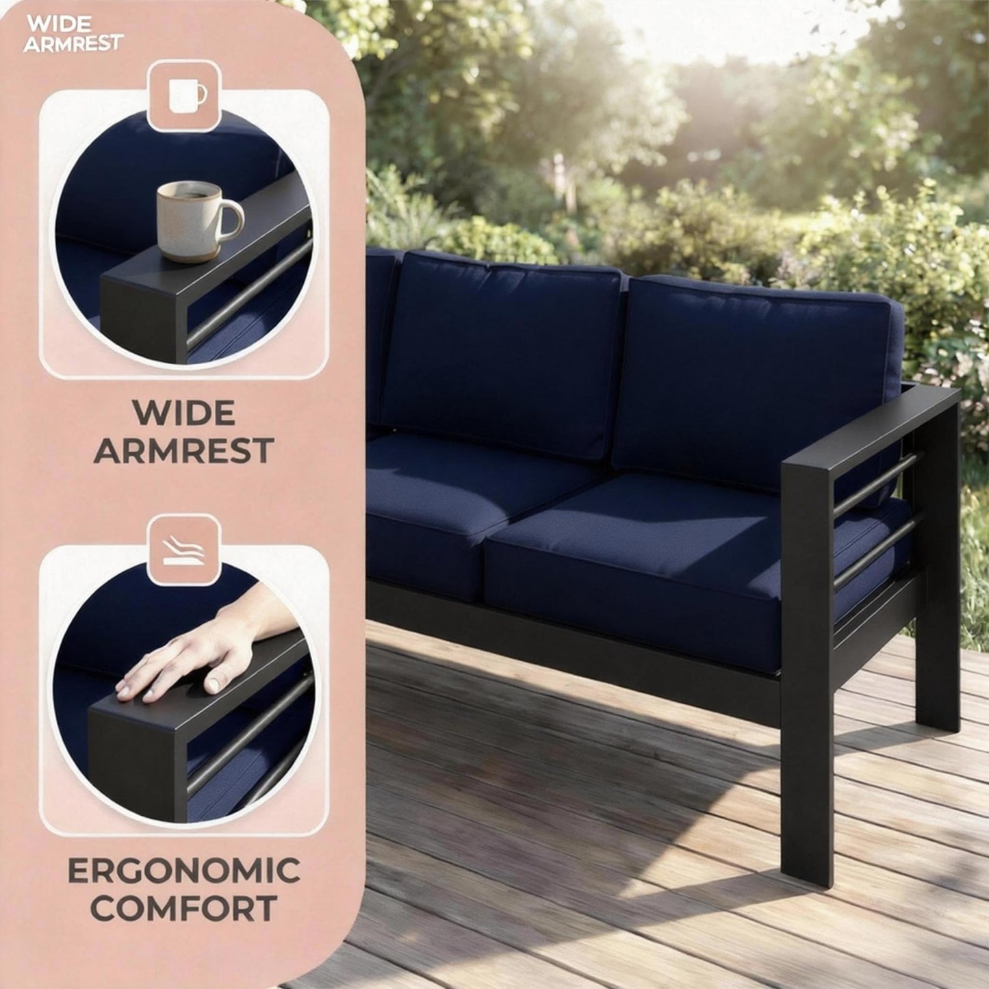 Kiss the Water 3 Seats Aluminum Outdoor Patio Sofa Set, All Weather Rust-Proof Metal Patio Couch, Modern Outdoor Furniture for Backyard Porch Garden, 5" Thick Waterproof Olefin Cushions, Light Grey