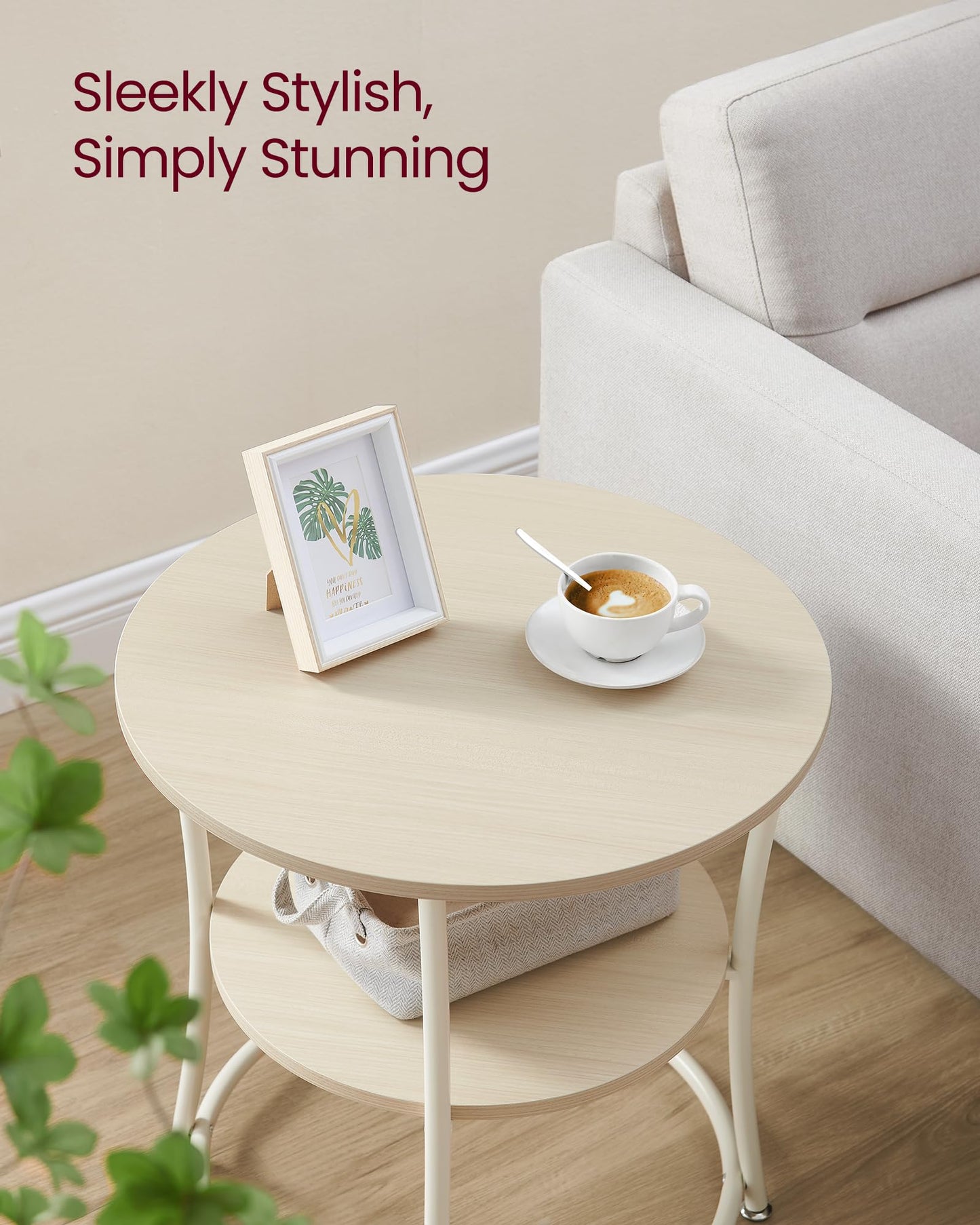VASAGLE 21.7-Inch Round Side Table, 2-Tier End Table, Nightstand with Steel Frame, Spacious Top, for Small Spaces, Living Room, Bedroom, Natural Beige ULET056N01