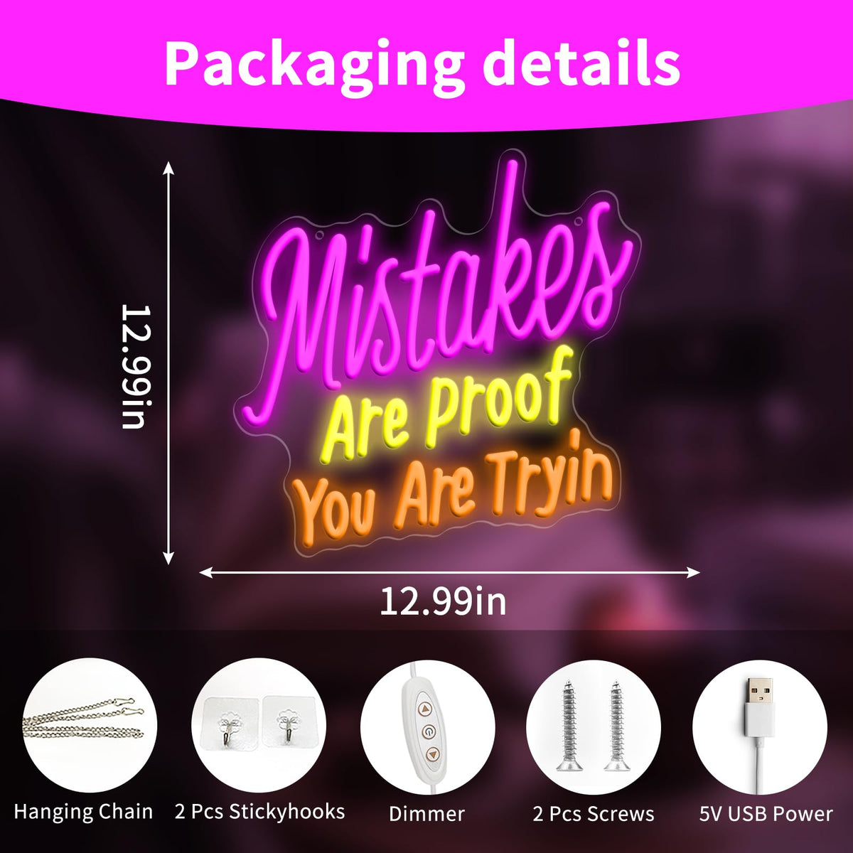 Mistakes Are Proof You Are Trying Neon Sign, Dimmable Neon Sign USB Powered LED Light, Motivational for Classroom Office Room Bedroom Living Room Sign, Graduation Gift 12.99 x 12.99"