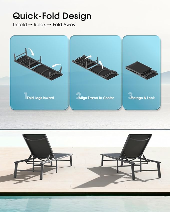 Ciokea Foldable Outdoor Lounge Chair Set of 2, No Assembly Aluminum Chaise