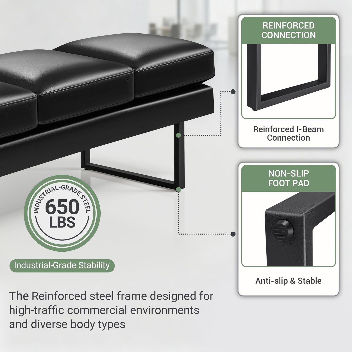 Shahoo Waiting Room Bench, Heavy-Duty Leather Reception Chairs with Metal Legs, Office Guest Chairs for Guests, Home Conference Lobby Area, 60 Inch, Black