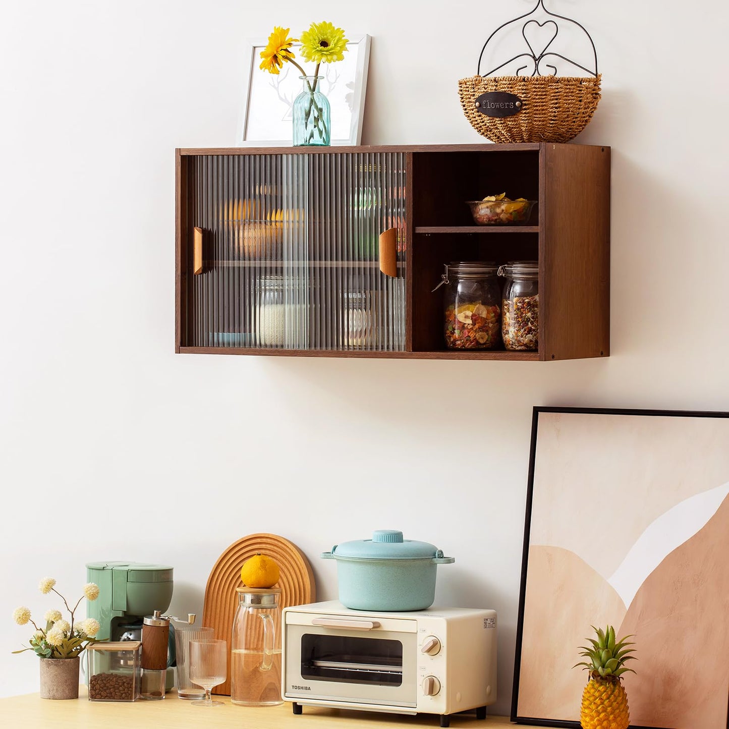 Tiita Small Kitchen Pantry Cabinet, Bamboo Wall Sideboard with Glass Doors, Cupboard Food Pantry Cabinet for Kitchen, Living Room and Dinning Bedroom