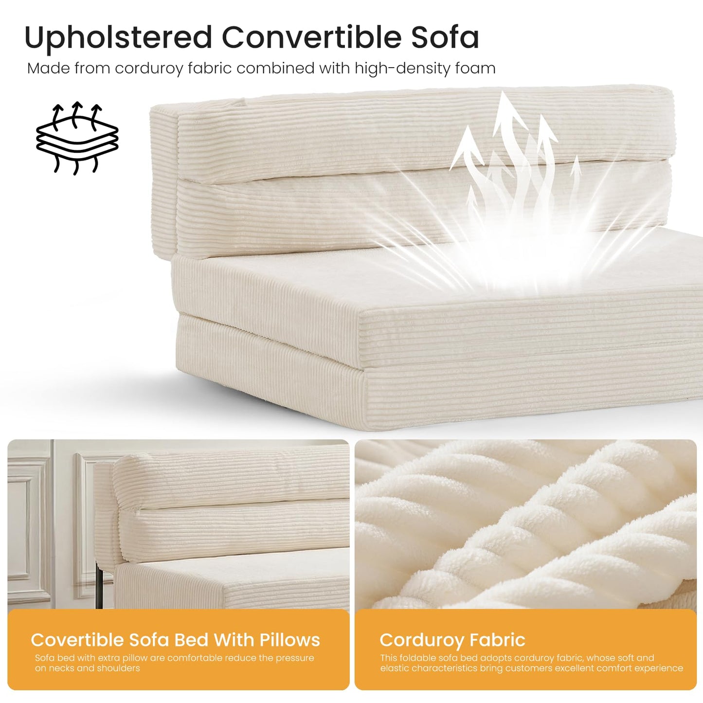 feliz home Folding Mattress, 3 in 1 Convertible Sofa Bed Fold Out Couch Bed Floor Couch Lounge Sleeper Mattress for Living Room, Guest Room (Beige, Full (Frame Included))