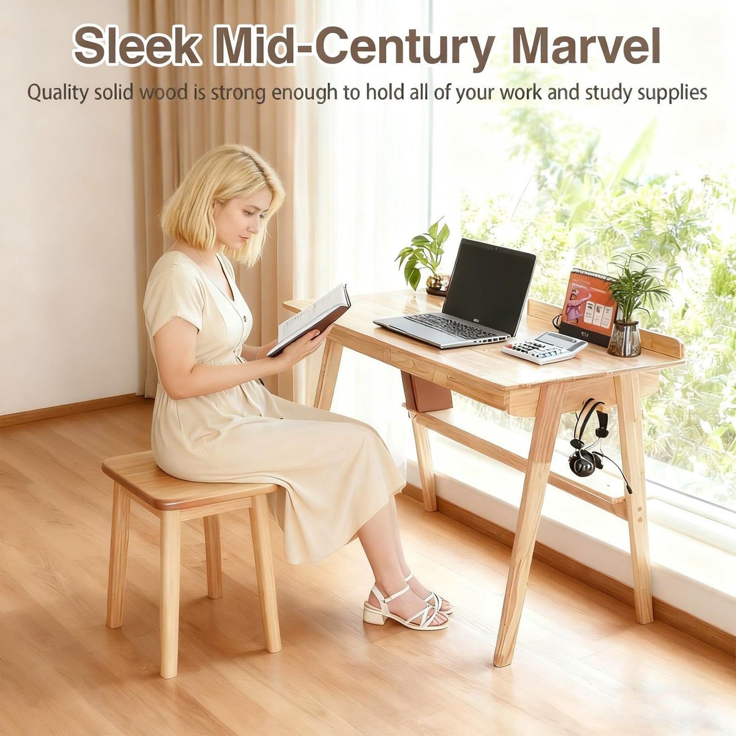 Homxzioa Mid-Century Modern 100% Solid Wood Writing Desk, 47" Rubberwood Home Office Computer Table & Workstation Desk with 2 Drawers, Lower Shelf & Side Hooks, 350 lbs Load, Laptop Desk