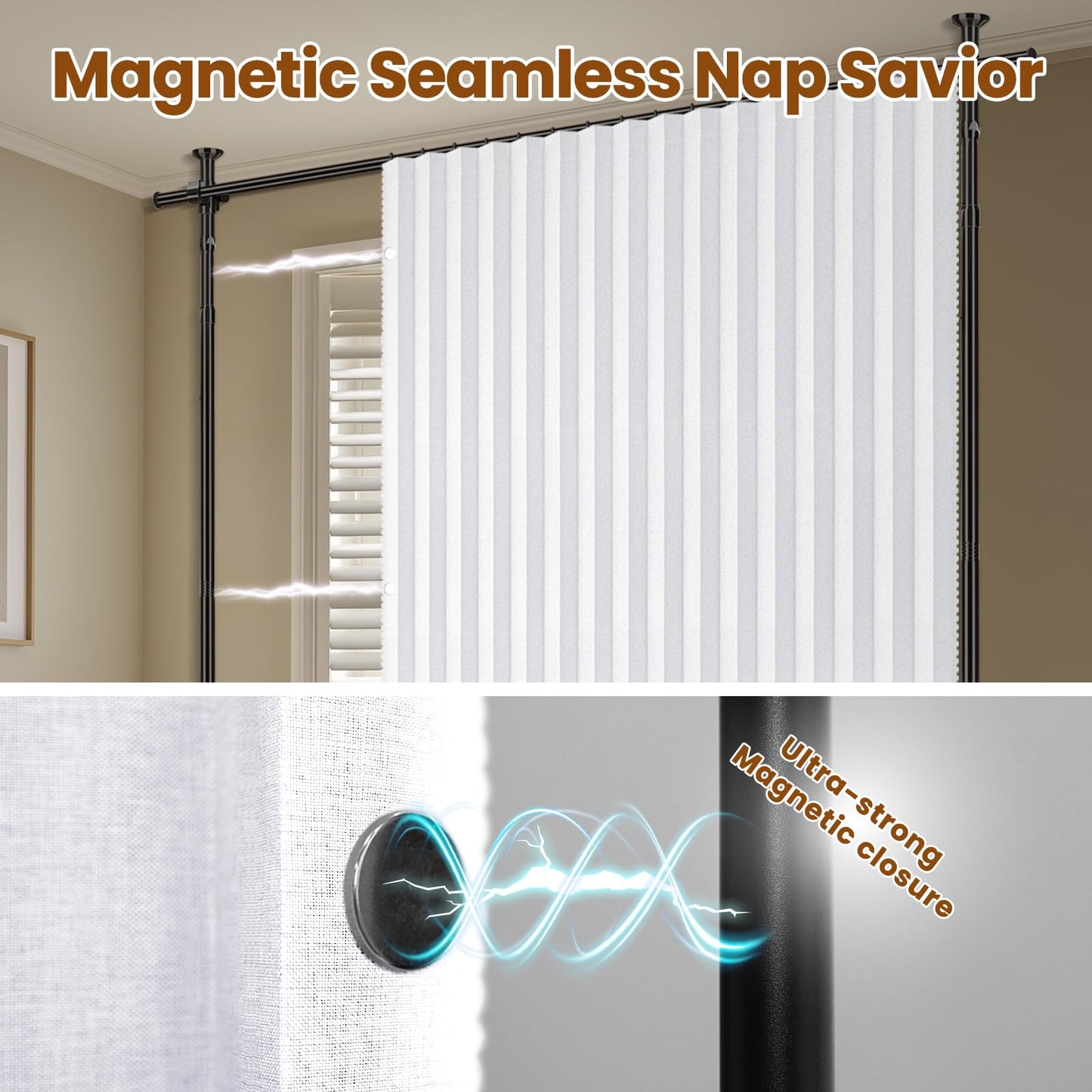 100% Blackout Room Divider Curtains Sets White W100 x L96 in 2 Panels No Drill Curtain Rods(H) 43-120×(W) 35-200 in for Bedroom Privacy Partition Separator