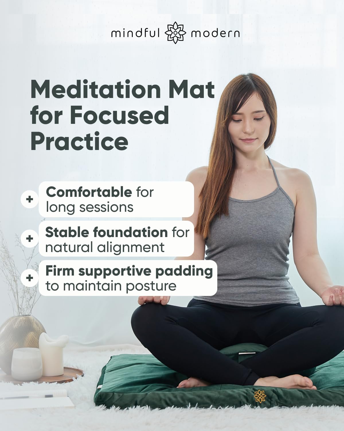 Mindful Modern Velvet Zabuton Meditation Mat - Luxurious Meditation Cushion Pillow with 100% Cotton Filling - Enjoy Better Posture and Greater Comfort for Zafu or Bench (Emerald Green)